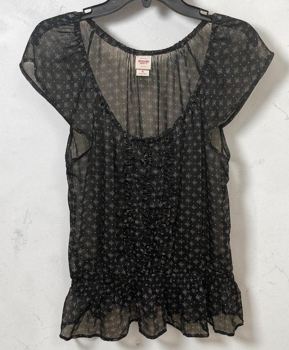 Sheer Woman's Blouse Romantic Boho Black Sz XL Babydoll Indie Mossimo Ruffles